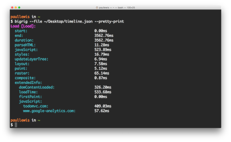 Scroll Test Results in Big Rig's CLI